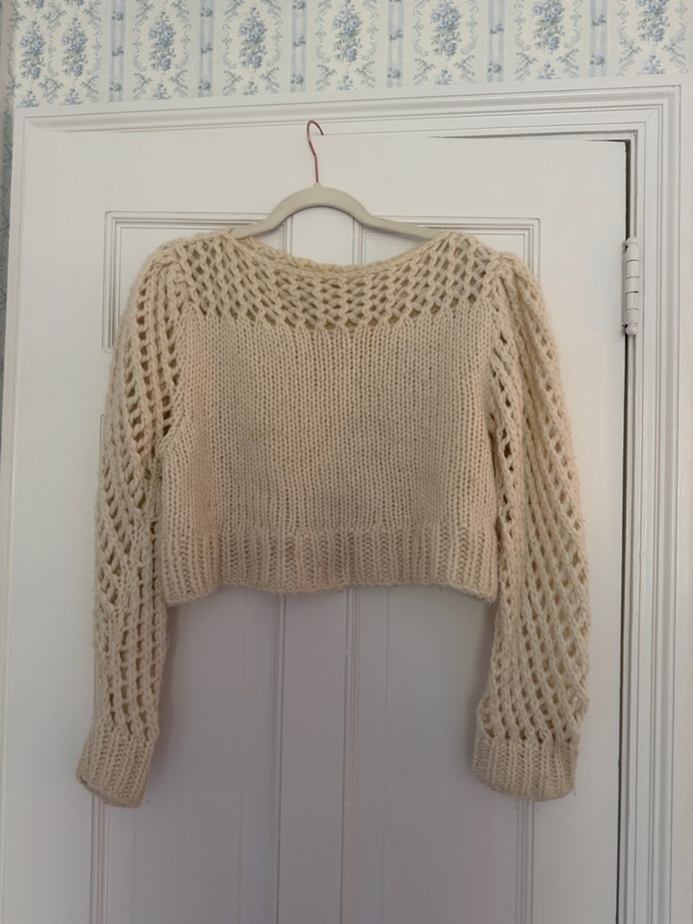 LoveShackFancy Cream Open-Knit Cropped Crewneck Sweater